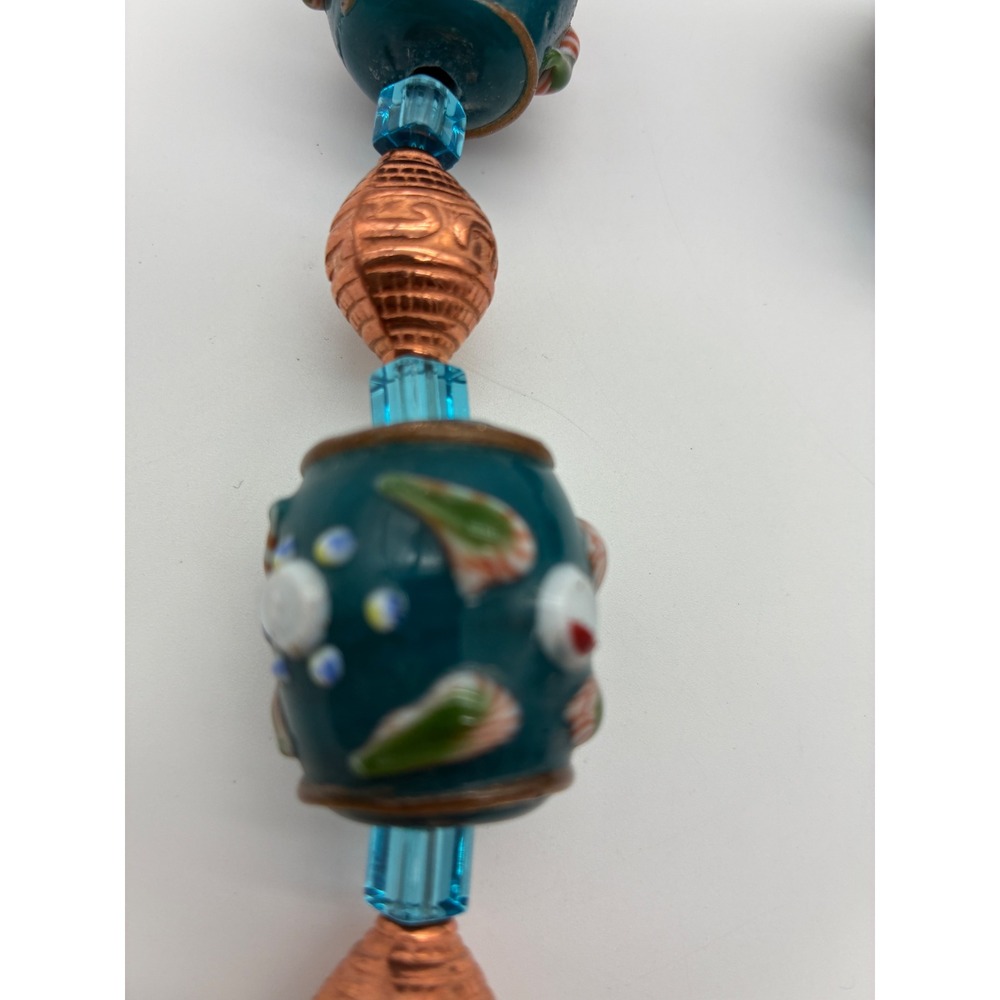 Vintage Lampwork Glass & Copper Bead Necklace Earring Set Teal Blue Floral Leaf - Picture 8 of 8